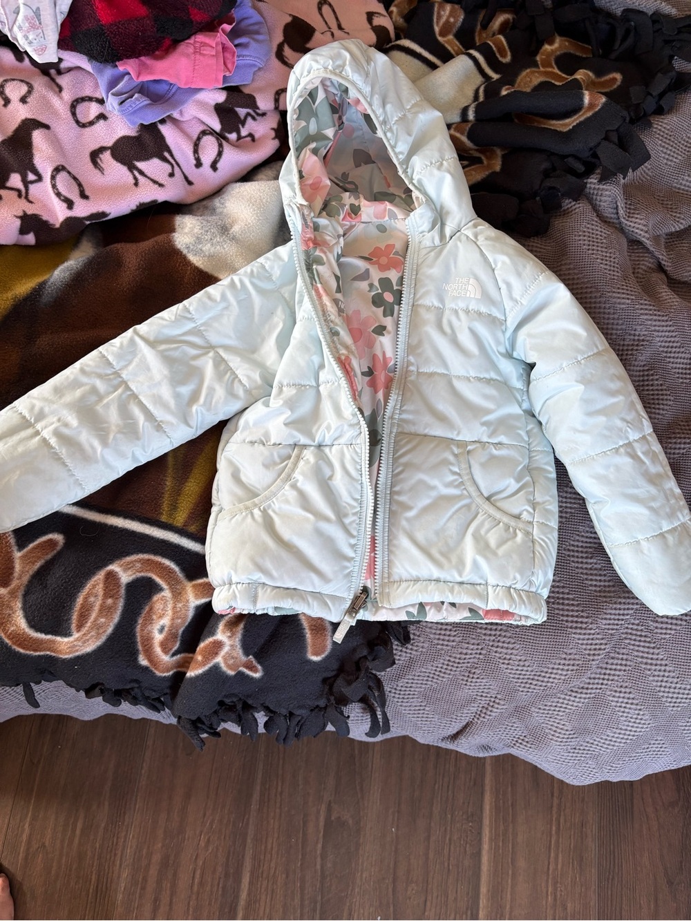 The North Face Girls Light Blue Puffer Jacket with Floral Lining